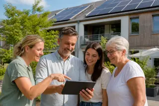 Neighbors of various ages gathered in front of a modern building with rooftop solar panels, discussing together while looking at a tablet in a sunny, green courtyard.