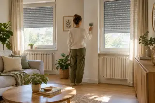 Person adjusting a wall thermostat in a bright, tidy living room with closed curtains and visible radiators under the windows.