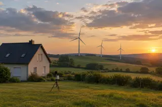 French countryside at sunset with wind turbines on green fields, a quiet house in the foreground, and a sound monitoring device nearby, under a calm, partly cloudy sky.