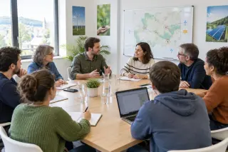 Un groupe de personnes discute autour d’une table dans une salle de réunion lumineuse, ambiance studieuse et conviviale, carte annotée et ordinateur portable visibles.