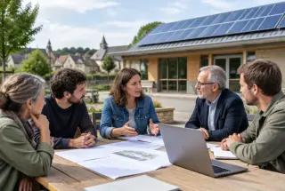 Habitants et acteurs locaux discutant d’un projet solaire devant un bâtiment équipé de panneaux photovoltaïques.